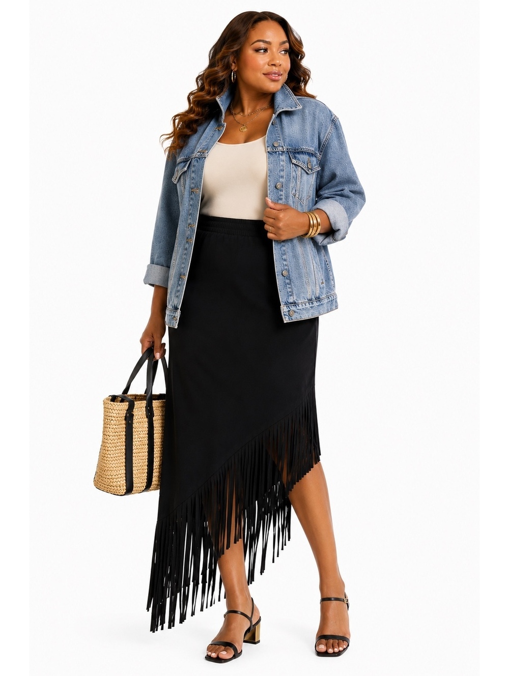 Black Velvet Midi Skirt with Fringe Hem
